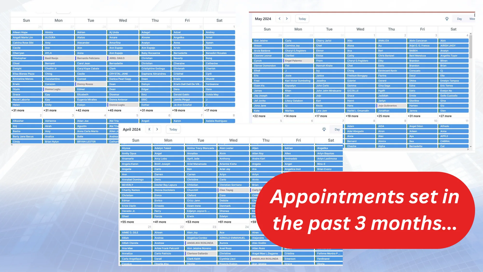 Three months of calendars filled with appointments