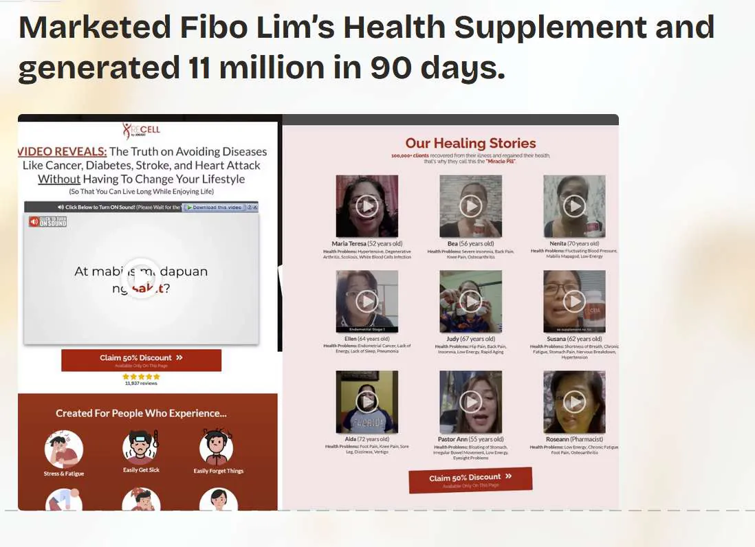 Health supplement sales page with video and customer stories
