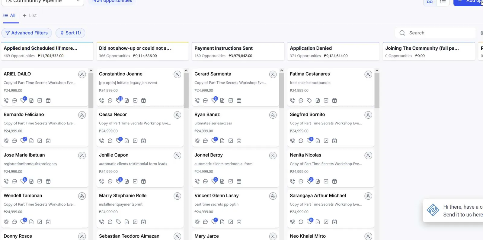 Sales pipeline board with deals moving stages