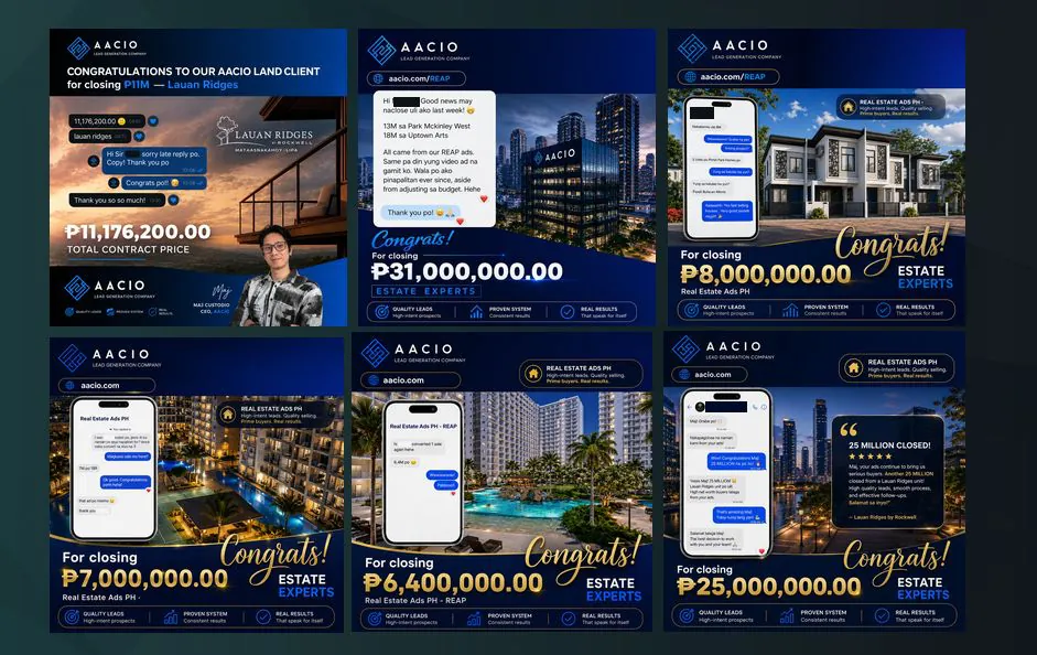 Grid of real estate closings from ₱6.4M to ₱31M